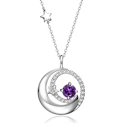 925 Sterling Silver Necklace, Moon Star Round Pendant with Genuine Amethyst, February Birthstone, Christmas Birthday Valentine's Day Present Fine Jewellery Gifts for Women Girls Friends Mother Mom Cover