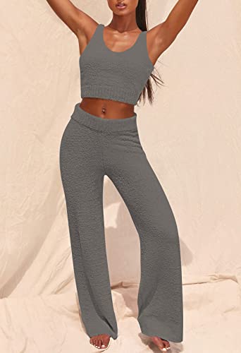 Image of Fixmatti Women's Fuzzy 3 Piece Sweatsuit Open Front Cardigan Crop Tank Tops Wide Legs Pants Lounge Sets
