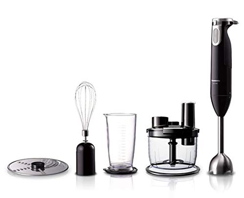 hand blender 600W max. motor locked wattage, 4 uniquely-shaped blades for smooth & even cutting, chopper & whisk attachment, bowl attachment for chopping & shredding, variable speed control