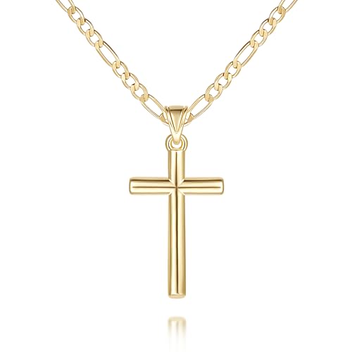 Cross Necklace Gold Cross Necklaces for Women 14K Gold Figaro or Mariner Chain Necklace for Women Hypoallergenic Faith Pendant Womens Necklace