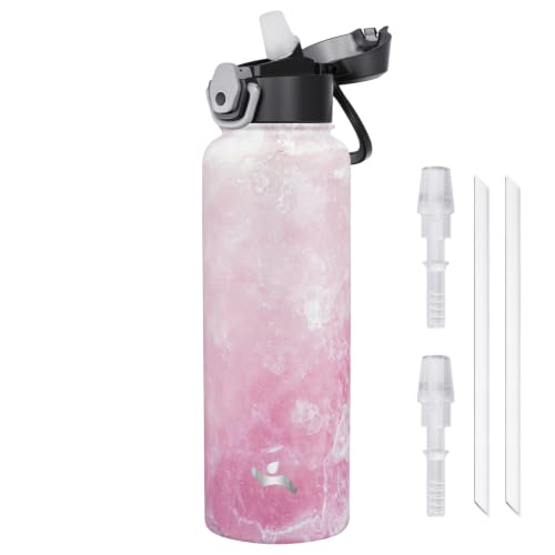 Image of Konokyo 40 oz Insulated Water Bottle with Straw, Carry Loop, Marble Blossom
