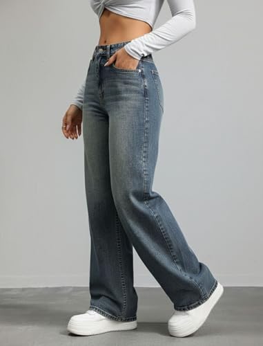 Image of DEELMO Women's Wide Leg Denim Jeans High Rise Loose Fit | Stretchy Casual Straight Pants Trendy | Comfortable Everyday Fashion Jeans for Women