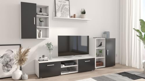 Per la vita Wohnwand Ikar, Schrankwand Wohnzimmer Modern, Wohnzimmerschrank mit Hängeschrank, Fernsehtisch, Sideboard und Wandregal, Wohnzimmer Komplett Möbel - Weiß/Schwarz
