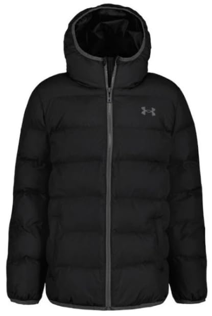 Under Armour Pronto Colourblock Pufferjacke für Jungen mit UA Storm Technologie – warme, leichte Winterjacke mit Kapuze, Druckknopf-Taschen, Schwarz/Graphit, 10 Years-11 Years