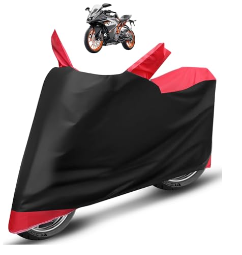Image of Auto Hub Bike Cover Compatible with RC 390 with Mirror Pocket, Dustproof, Heat Resistant, Triple Stitched, RC 390 Bike Cover- Black, Red
