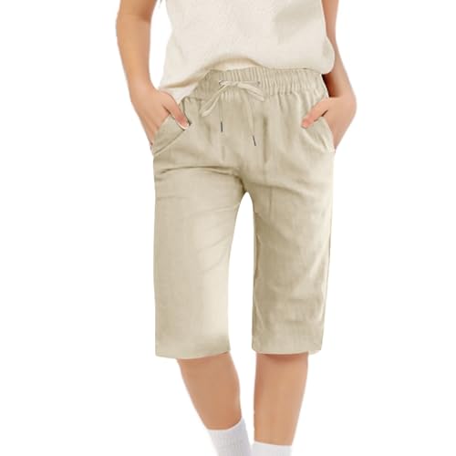 Bermuda Shorts for Girls Knee Length Linen Long Shorts Solid Casual Drawstring Elastic Waist Short Pants with Pockets2