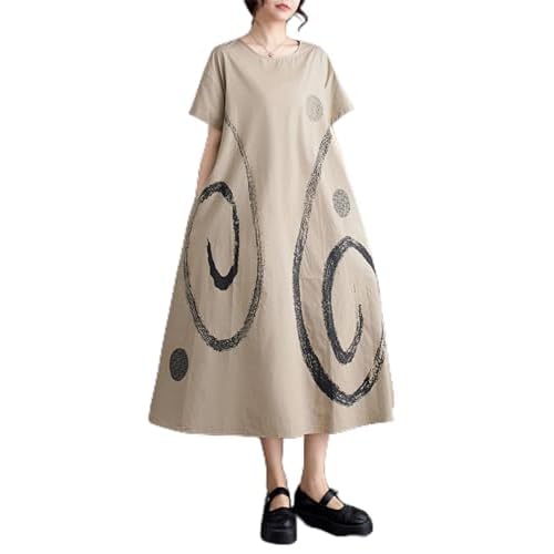 ellazhu Women's Short Sleeves Maxi Length Pattern Print Casual Shirt Dress GZ172 Small-X-Large Khaki