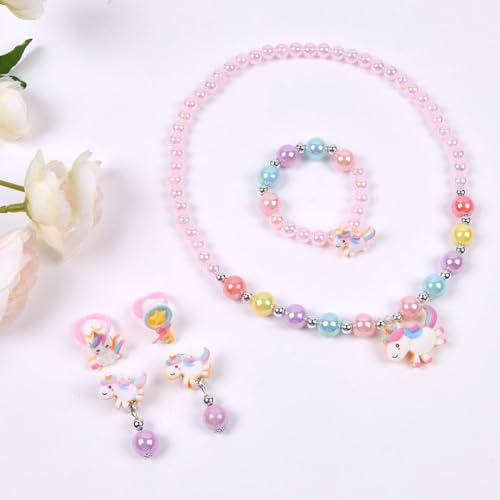 OSDUE 6 Stück Einhorn Schmuckset Mädchen, Einhorn Kinderschmuck Enthalten Halskette, Ringe, Armbänder, Ohrring, Kinderschmuck Set für Party Geschenk