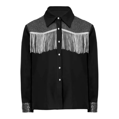 renvena Girls Western Cowgirl Fringe Shirt Long Sleeve Sequin Tassel Shirt Retro Casual Blouse Top