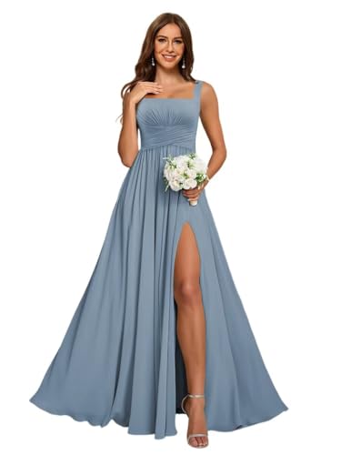 Loyeloy Women's Square Neck Bridesmaid Dresses with Slit 2025 Pleated Chiffon Formal Evening Dress