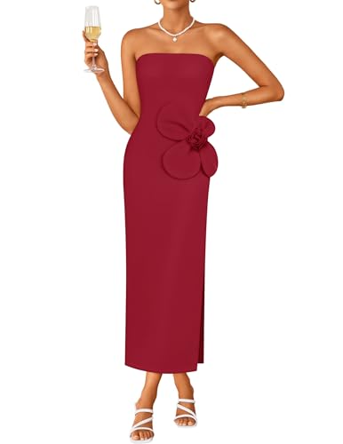 Image of ZESICA Womens Summer Cocktail Strapless Maxi Dress 2026 Formal Bodycon Backless Floral Tube Wedding Guest Party Long Dresses