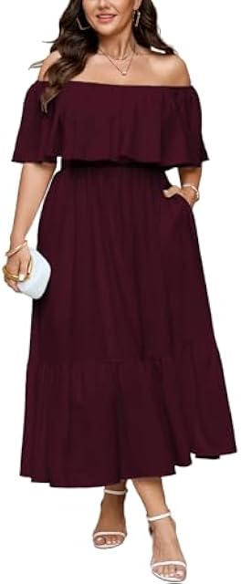 Womens Plus Size Wedding Guest Cocktail Dresses Off The Shoulder Smocked Waist Ruffle Slit Maxi Dress