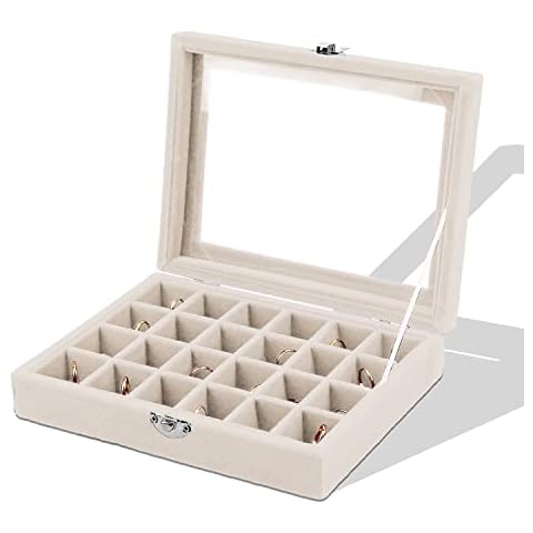 24 Grid Velvet Jewelry Tray Box, Lainrrew Jewelry Ring Display Showcase Earring Organizer Holder Jewelry Storage Box for Girls Women (Beige) Cover