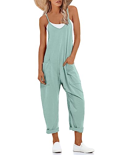 Lentta Womens Causal Jumpsuits V Neck Sleeveless Harem Overalls Stretchy Adjustable Strap Romper with Pockets(Teal-XL)