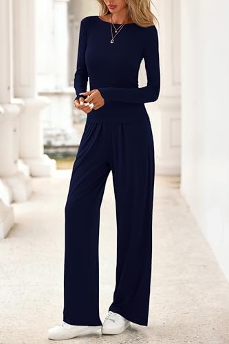 PRETTYGARDN Fall Outfits For Women 2025 Soft Pajamas Two Piece Lounge Sets Long Sleeve Shirts Wide Leg Pants Tracksuit3