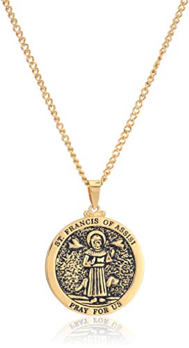 Dicksons Saint Francis of Assisi Pray for Us Engraved Pendant 18 Inch Round Gold Oxidized Pewter Neckace in Jewelry Box with Prayer Card