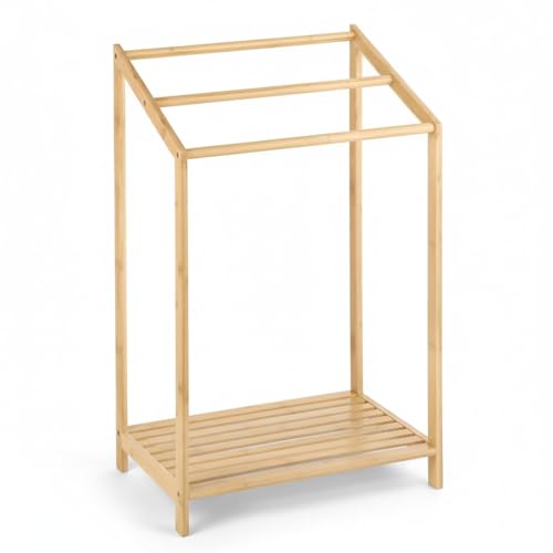 Toallero de Bambú Natural con 3 Barras, Organizador de Baño de Pie con Estante Inferior, 51x31x85 cm, Soporte para Toallas Estilo Minimalista