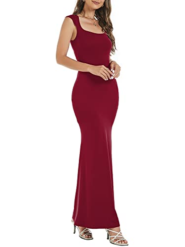 Image of Womens Summer Cap Sleeve Square Neck Elegant Casual Lounge Bodycon Slim Maxi Evening Party Long Dress
