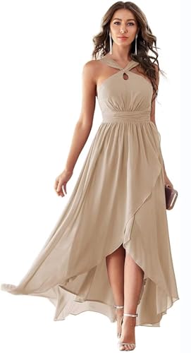 ZSWWYibo Halter Bridesmaid Dresses for Women Ruffled Maxi Hi-Lo Evening Party for Wedding Guest Prom Dress