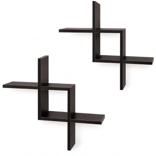 Greenco Criss Cross Intersecting Floating Shelf, Easy-To-Assemble Floating Wall Mount Shelves for Bedrooms and Living Rooms, Espresso Finish