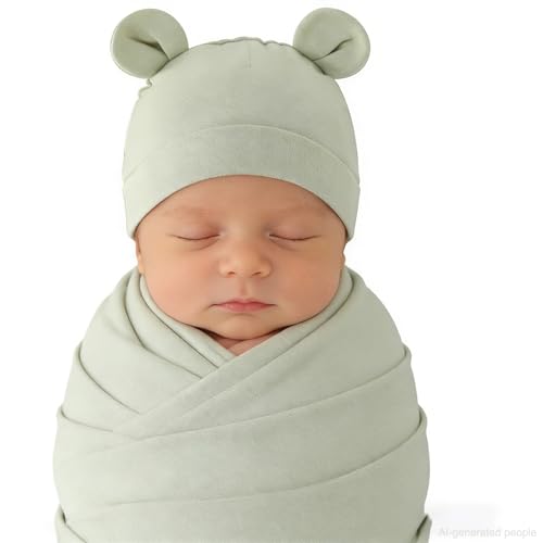 Image of Unisex Baby Swaddle Blanket with Hat Set Newborn Swaddle Receiving Blankets Sleep Sack for 0-3 Months Boys Girls