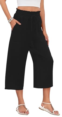 LAOLASI Womens Capri Pants Casual High Waisted Wide Leg Lounge Pants Drawstring Loose Palazzo Pants Trousers with Pockets4