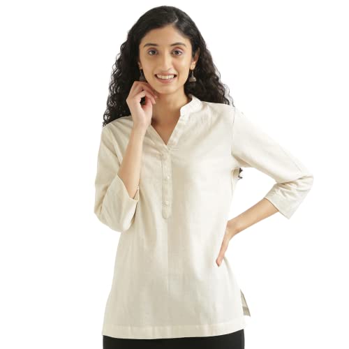 Image of SAADAA Women Short Kurti Airy Linen Regular Fit Kurta with 3 /4th Sleeves, Mandarin Collar, Side Slit Perfect for Casual, Formal, and Ethnic Wear