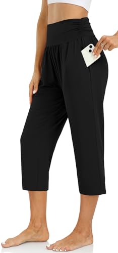 Image of UEU Women's Capri Pants Summer Loose Yoga Pants Comfy Workout Cropprd Pants with Pockets