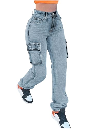 Women's Cargo Jeans High Waisted Straight Leg Denim Pants Y2K Streetwear Trousers