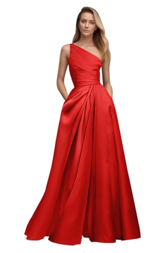 Patchwork Satin Prom Dresses with Pockets Red 16