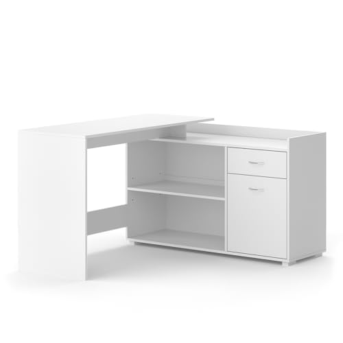 Vicco Bureau d'angle Noira, Blanc, 135x77cm avec tiroir, Convient pour Un Montage d’Angle à Gauche ou à Droite