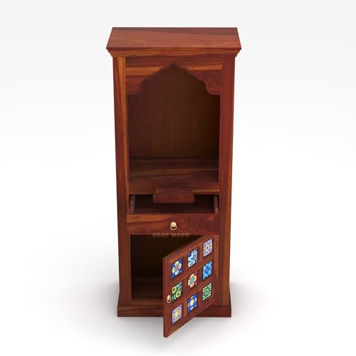 Image of Solid Wood Premium Sheesham Wood Temple for Home Big Size 5 Feet with Door Storage Cabinet Wooden Mandir for Pooja Room Honey Finish