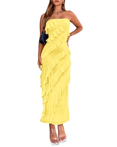Image of BTFBM Women Summer Elegant Strapless Midi Ruched Bodycon Dress Solid Color Stretch Mesh Slim Party Cocktail Dresses
