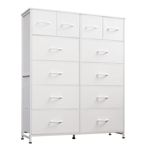 Image of WLIVE Storage Organizer Unit with 12 Fabric Bins, Storage Drawers Organizer with Steel Frame, Tall Storage Tower Organizaton for Living Room, Hallway, Office, White