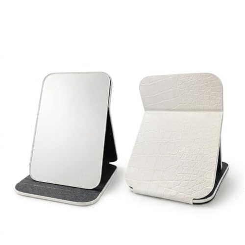 Image of Foldable Makeup Mirror with Adjustable Stand, Portable HD Vanity Mirror for Travel & Dressing Table, PU Leather Crocodile Pattern Compact Cosmetic Mirror for Women & Girls(16x11cm) (White)