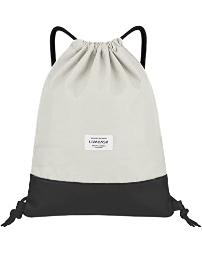 LIVACASA Turnbeutel Mit Reißverschluß Innentasche Sportbeutel mit Leder Hipster Gym Bag Beutel Gefüttert Rucksack Mit Verstellbar Tunnelzug Gymsack Turnsack für Damen Herren Beige
