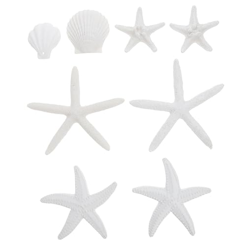 TOPPERFUN 8Pcs Simulated Sea Star and Shells, 9.06in Resin White Scallop Sea Star Decoration for Fish Tank Home Decoration Aquarium Ornaments