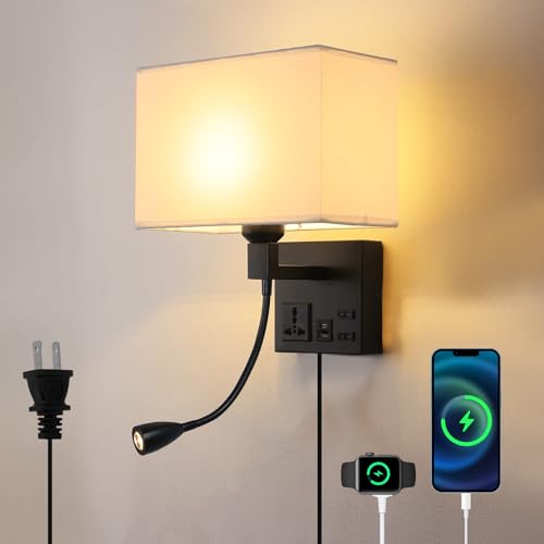 Image of Plug in Wall Sconce, Bedside Wall Lamp for Bedroom with AC Outlet & USBA+C Charging Port, Wall Mounted Reading Light with 360Adjustable, Black Headboard Lamps with 3 Color Temperature