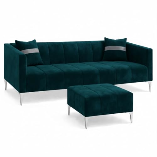 Image of Solomon 4 Seater L Shape Sofa Set with Movable Ottoman | Flexible Left or Right Layout | Luxe Velvet Suede Fabric | Comfortable Seating | Modern Sofa for Living Room - Green Teal
