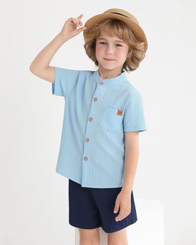 Image of WESIDOM Toddler Boy Clothes Button-Down Shirts+Short Sets Boy's 2 Piece Beach Outfits with Pockets 18M-7Y