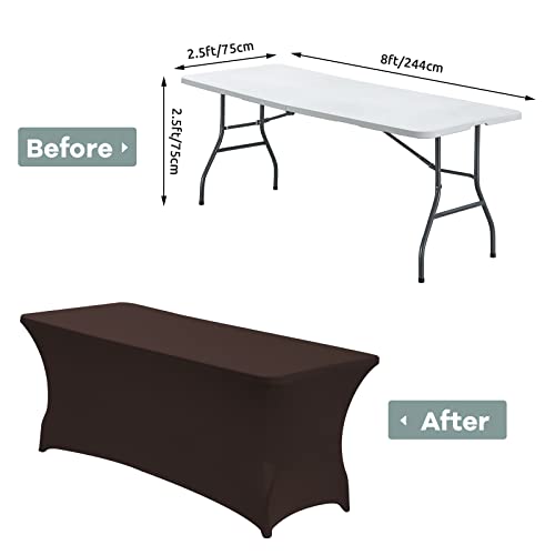 Image of CWK 8FT Waterproof Stretch Spandex Table Cover for Rectangular Tables - Elastic Fitted Tablecloth for Folding Tables,Wrinkle Resistant Table Cloth for Parties, Weddings, Banquets & Events (Coffee)