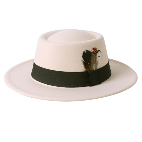 Lanzom Classic Fedora Hats for Women Flat Top Hat for Men Pork Pie Hat Wide Brim Church Boater Trilby Cap (US, Alpha, Medium, Large, Beige)