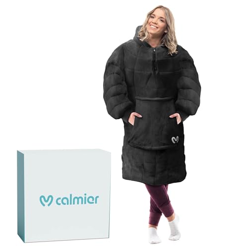Calmier Wearable Weighted Blanket Hoodie 10Lb – Sensory Clothing – One-Size Glass Bead Wearable Weighted Blankets for Adults, Black, Adjustable