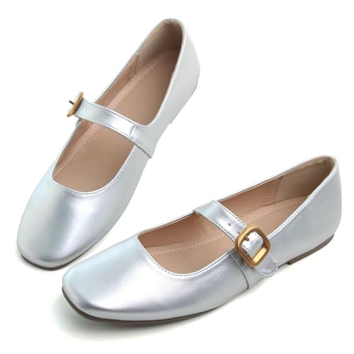 Image of TN TANGNEST Women's Mary Jane Flats Bow Ballet Shoes | Round Toe Flats with Buckle Strap Dressy Comfortable Faux Suede Flats