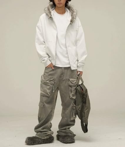 Y2k Zip Up Hoodie Fur Hooded Jacket Warm Winter Coat for Men Fur Collar Hoodies Streetwear Unisex Streetwear2