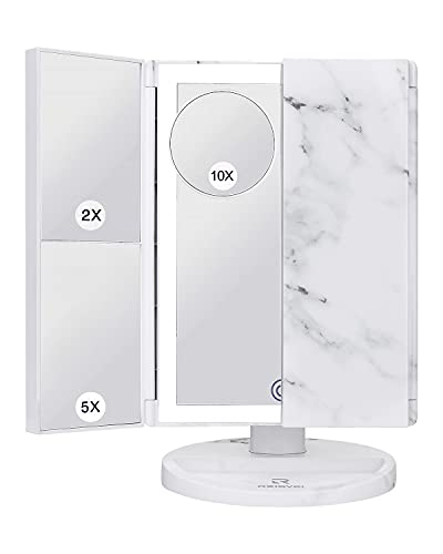 Makeup Mirror, Vanity Mirror Large Mirror Vanity Mirror with Lights, Trifold Makeup Mirror 72 LED 3 Color Lighting 1x 2X 5X 10x Magnification Touch Screen Switch Dual Power Supply