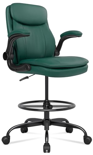 Image of Misolant Drafting Chair, Tall Office Chair for Standing Desk, High Leather Executive Office Chair with Adjustable Height and Flip-up Armrest for Counter Height Desk Green