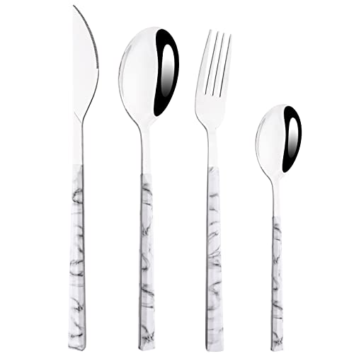 BRIIEC 24Pcs White Imitation Marble Pattern Handle Flatware Silverware Set, Stainless Steel Cutlery Set for 6, Square Handle Eating Utensils, Mirror Polished for Home Kitchen Bar Restaurant