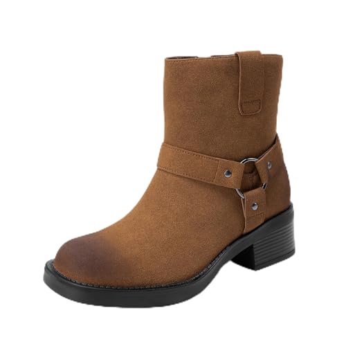DREAM PAIRS Women's Ankle Booties Side Zipper Motorcycle Boots Square Toe Chunky Low Heel Fashion Buckles Biker Riding Boots 7.5 Brown