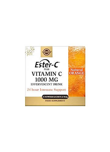 Solgar - Ester-C Plus Efervescente, Acción Rápida, 24horas de Apoyo Inmunológico, Vitamina C 1000mg, Sabor a Naranja Natural, Libre de cafeína, 21 sobres, Con azúcar y edulcorante